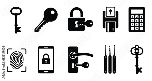 Security and access icons. Keys, locks, fingerprint, smartphone lock, and key card symbols for protection.