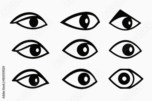 minimalist black-and-white anime/manga eyes in a frontal and slightly slanted perspective