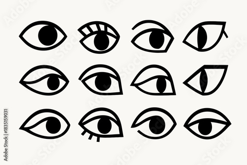 12 minimalist black-and-white anime/manga eyes in a frontal and slightly slanted perspective