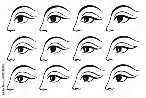 Many examples of stylized eyes (mainly female and male anime eyes of various shapes, with varying levels of detail, angles, and emotional expression).