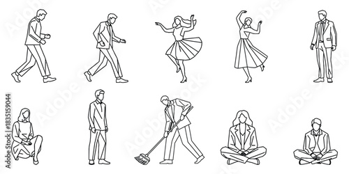 Diverse Line Art People Illustrations Vector Set of Men and Women in Assorted Poses, Activities, Outline Drawing. Graphics Design Elements Isolated on Background. 