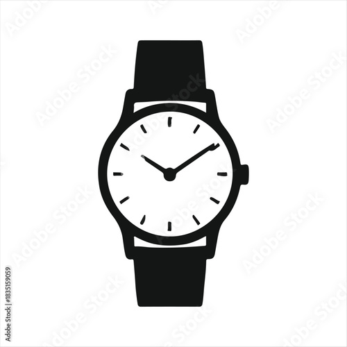 Luxury men's silver chrome metal wristwatch with black dial and hour hand on a white background
