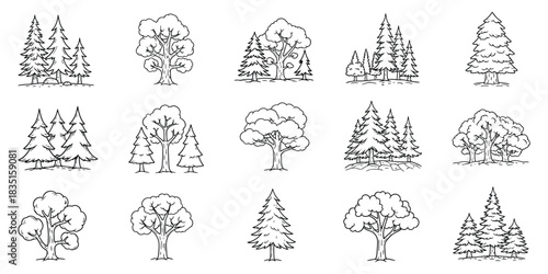 Ink Drawing Style Tree Collection Forest Wood Outline Icon Symbol. Pictogram Arbor Day Celebration Plant Species Tree Line Art. Black and White Vector Illustration.