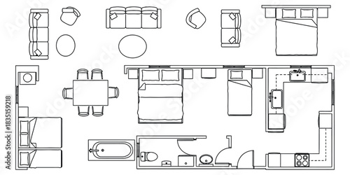 Architectural Blueprint Floor Plan Furniture Layout Design in Vector Style.