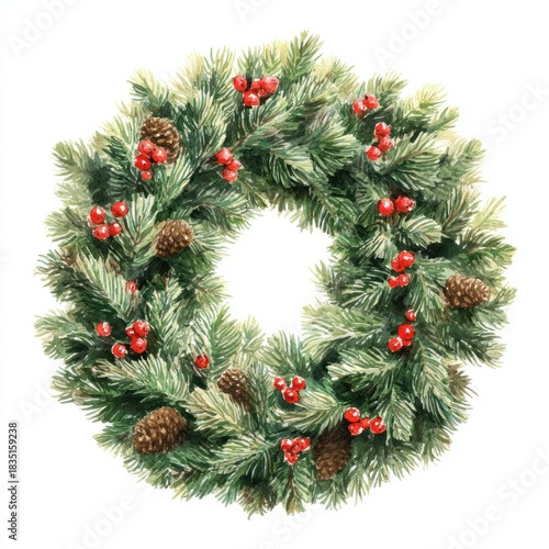 Watercolor New Year's illustration, New Year's wreath on a white background. AI generative.