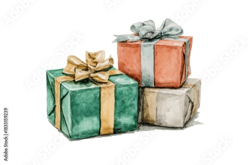 Watercolor New Year's illustration with New Year's gifts on a white background. AI generative.