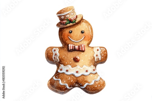 Watercolor New Year's illustration, a gingerbread man on a white background. AI generative.