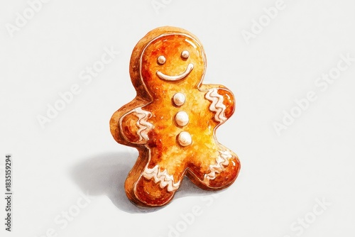Watercolor New Year's illustration, a gingerbread man on a white background. AI generative.