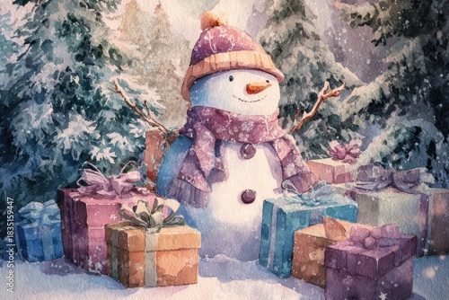Watercolor New Year's illustration, a New Year's snowman with gifts. AI generative.