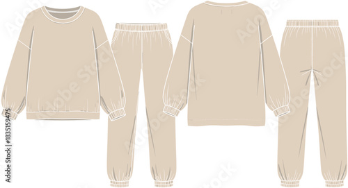 Beige loungewear set front and back view with sweatshirt and jogger pants, casual fashion vector for apparel design
