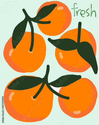 Vibrant Flat Art of Fresh Oranges with Green Leaves