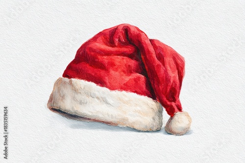 Watercolor Christmas illustration of a Santa Claus hat on a white background. AI generative.