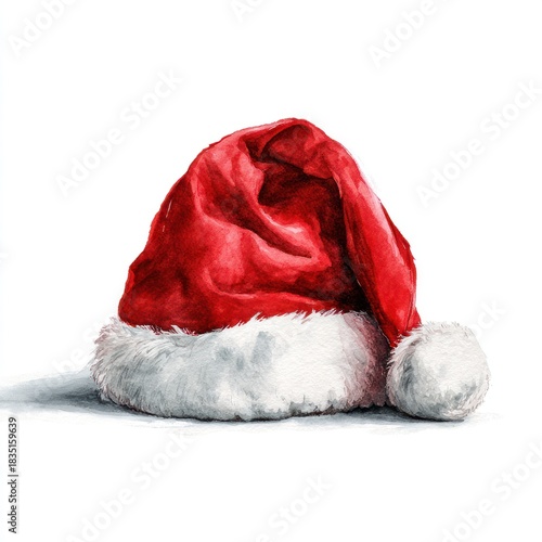 Watercolor Christmas illustration of a Santa Claus hat on a white background. AI generative.