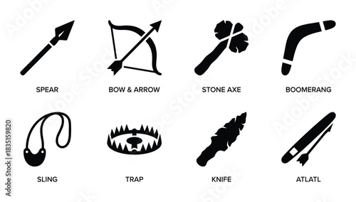 Spear bow arrow stone axe boomerang sling trap knife atlatl. Primitive ancient weapons collection.