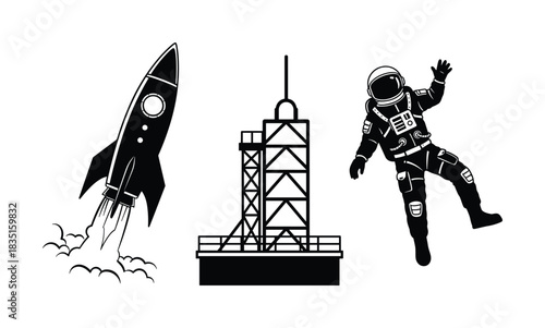 Space exploration set; rocket launch, launchpad, astronaut; outer space and cosmic journey.