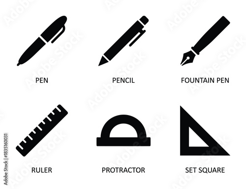 Stationery items set. Pen, pencil, fountain pen, ruler, protractor, set square. Education supplies.