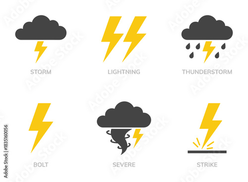 Storm and lightning icons. Weather symbols for storm, lightning, thunderstorm, bolt, severe, and strike.