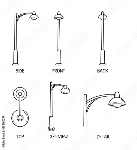 Street lamp architectural drawing different angles urban lighting design line art illustration