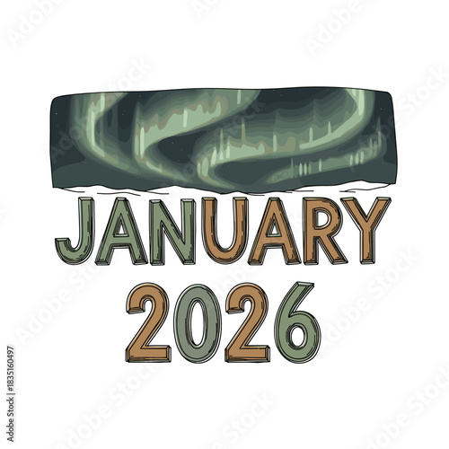 January 2026 calendar with winter illustrations and northern lights  