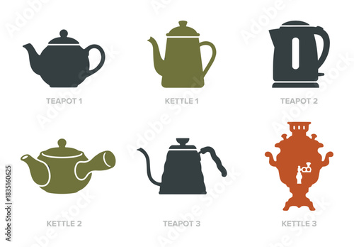 Teapot, kettle vector icons. Different styles of tea and water heating containers.
