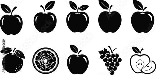 Black Silhouette Fruit Icons Set Featuring Apple, Citrus, Grapes, Cross-Sections, Minimal Style, Editable Vector for Food Design Projects