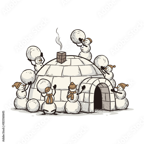 Snowmen building their igloo in winter with playful expressions  