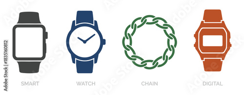 Timepieces and accessory: smart, analog, digital watches and chain, representing modern and classic styles.