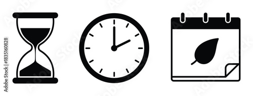 Time management icons. Hourglass, clock, and calendar with leaf vector. Sustainable time planning and ecological schedule.