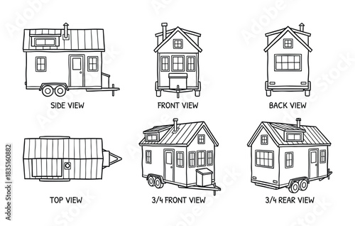 Tiny house on wheels side front back top 3/4 front and rear view line art drawings set