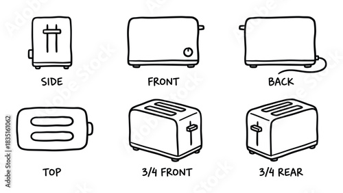 Toaster outline drawings in various perspectives. Kitchen appliance sketches. Side, front, back, top, and 3/4 views.
