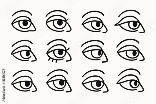 A classic set of 12 minimalist black and white line art eyes that show different emotions and states through the shape of the eyelids and the placement of the pupils.