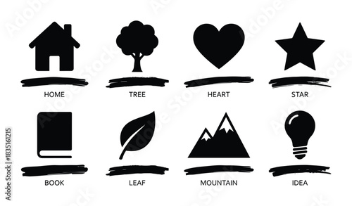 Universal icons. Home tree heart star book leaf mountain and idea lightbulb symbols with brush strokes.