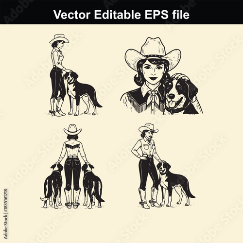 collection of vector illustrations depicting a cowgirl wearing a cowboy hat and boots posing with her dog in various charming and detailed poses, perfect for western themes