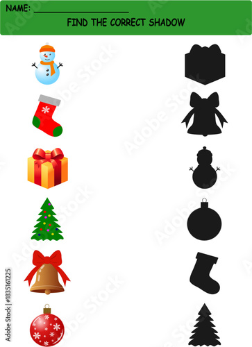 Find the correct shadow. Christmas Time Worksheet. Educational logical game for kids, kindergarten. New Year. Vector illustrations