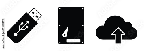 USB flash drive. Hard disk drive. Cloud storage. Data management icons.