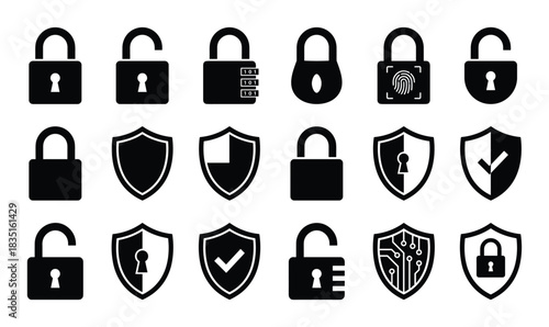 Various security and lock icons. Featuring padlocks, keyholes, fingerprint, and protective shields.