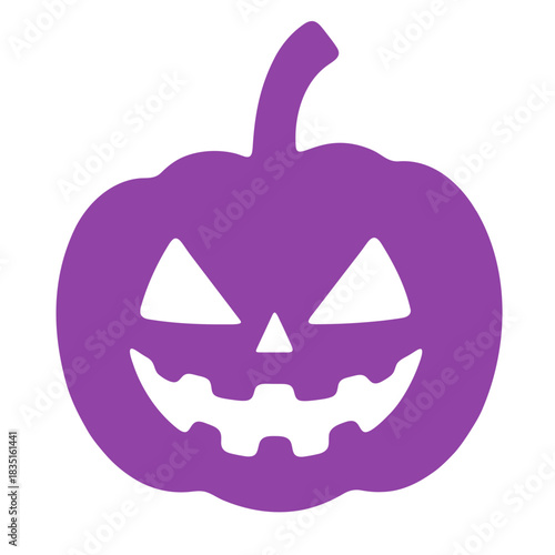 A purple halloween pumpkin with a carved face and stem on a white background in a simple vector style