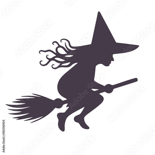 Silhouette of a witch with pointed hat flying on a broomstick against a white plain background view