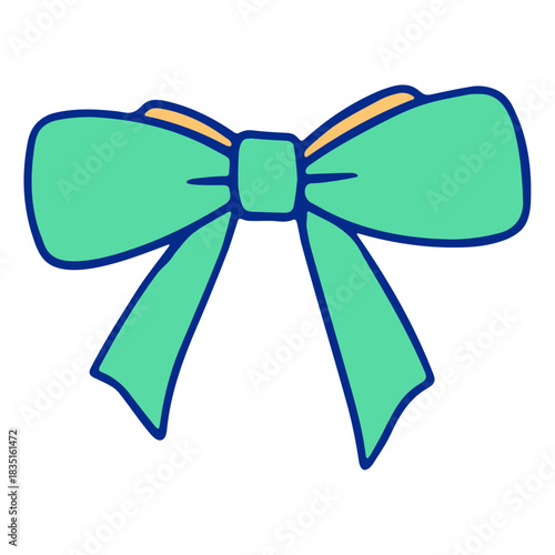 Illustration of a cute green bow with a blue outline and a yellow accent on a white background