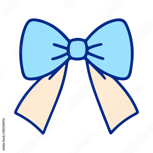Illustration of a light blue bow with dark blue outlines and light tan ribbon tails on a white background