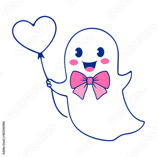 Cute cartoon ghost wearing a pink bow tie and holding a heart shaped balloon on a white background
