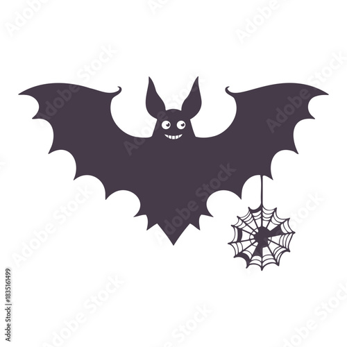 Cartoon bat with pointy ears and a wide smile hanging a spiderweb for halloween decoration design theme