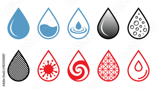Water drop icon set, liquid, blood, patterns, texture, splash, clean, nature, oil, red, blue.