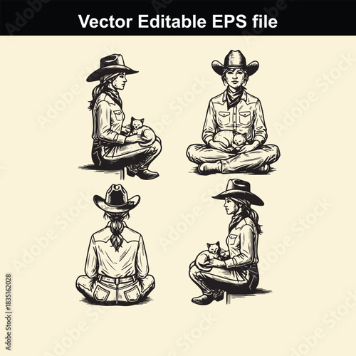 collection of four vector illustrations depicting cowgirls wearing cowboy hats and sitting crosslegged while holding small cats or kittens in their laps, shown from different angles