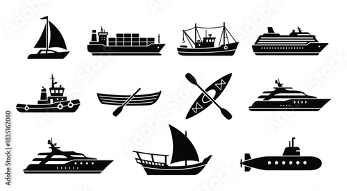 Water transportation vehicles and boats. Marine transport silhouettes. Sailboat, cargo ship, fishing boat, yacht.