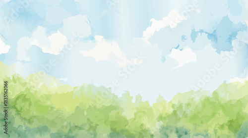 Watercolor nature scene. Blue sky with clouds. Green hills landscape. Abstract artwork.