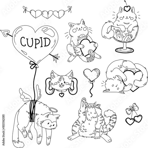 Valentine's Day vector set with cats and romantic love symbols. Cute hearts, cherry, cupid, bows and red balloons. Outlined isolated objects for coloring
