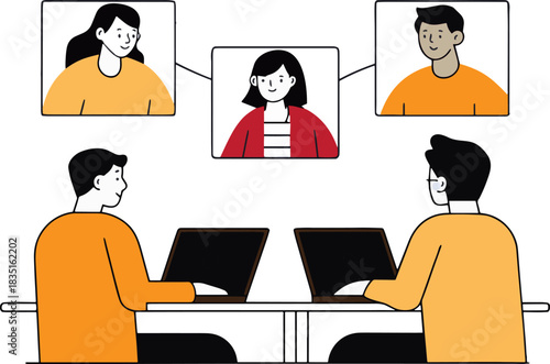 Modern business team members engage in a virtual online meeting, collaborating remotely via video conference calls for effective digital communication and seamless teamwork
