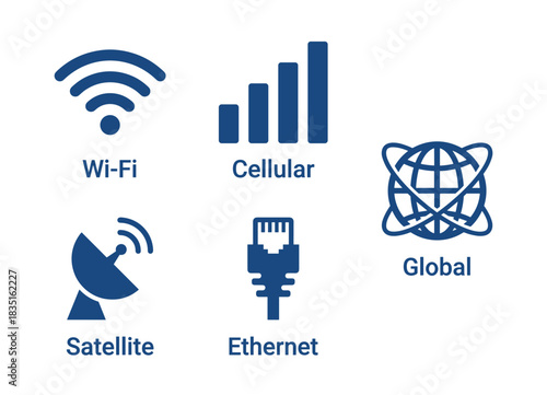 Wi-Fi, cellular, global, satellite, ethernet icons. Communication technology symbols for connectivity.
