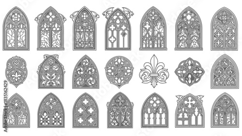 Collection of gothic stained glass windows and decorative elements illustration